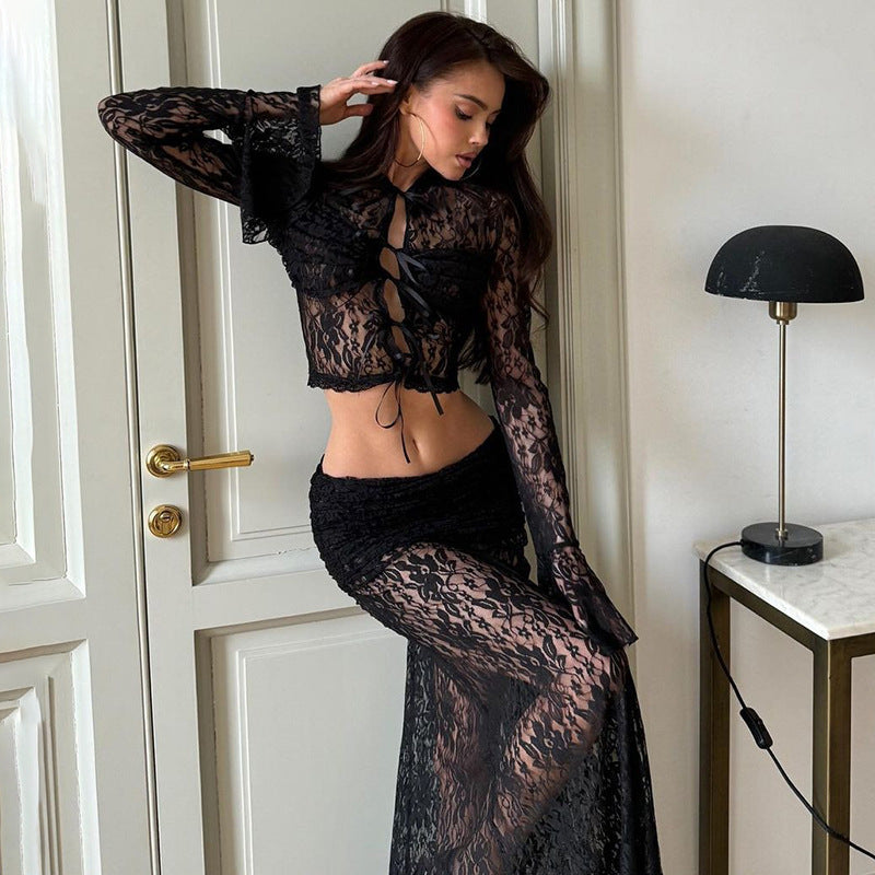 Mepria Sexy Lace-Up High-Waisted Maxi Skirt Set – Trendy, Versatile, and Edgy Style
