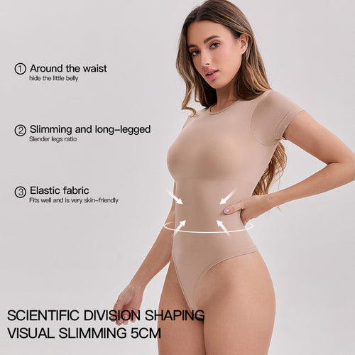 Mepria Seamless Short-Sleeve Thong Bodysuit – Waist-Cinching & Tummy-Control Shapewear